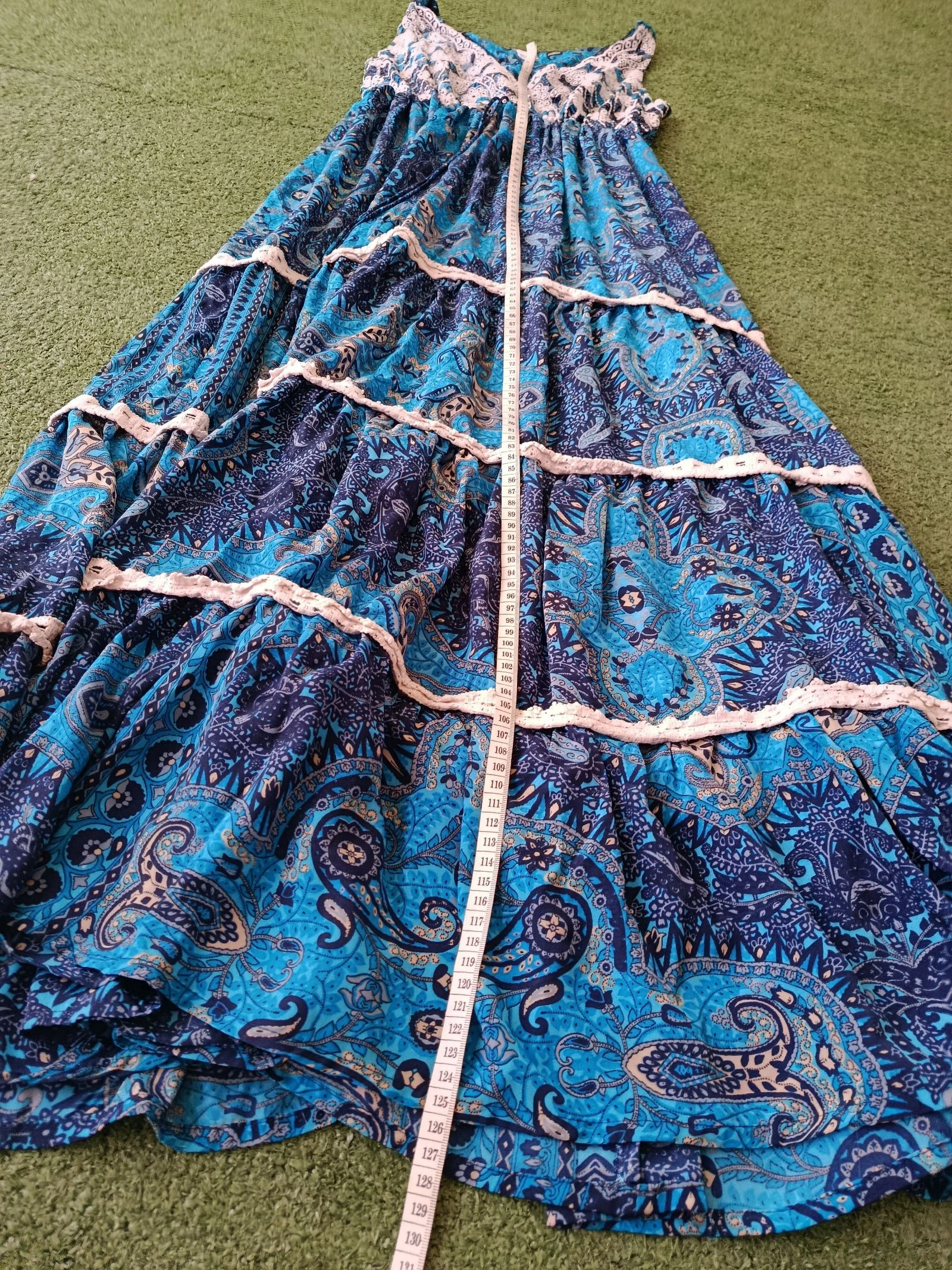 Vestido largo bohemio chic 100% seda azul con encaje Talla S/M – photo 5
